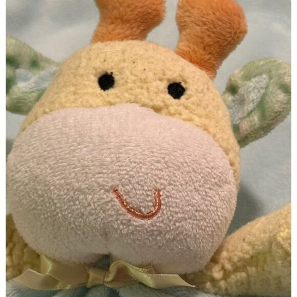 Okie Dokie Baby Security Blanket Giraffe Lovey Blue & Green Plush Satin Trim
